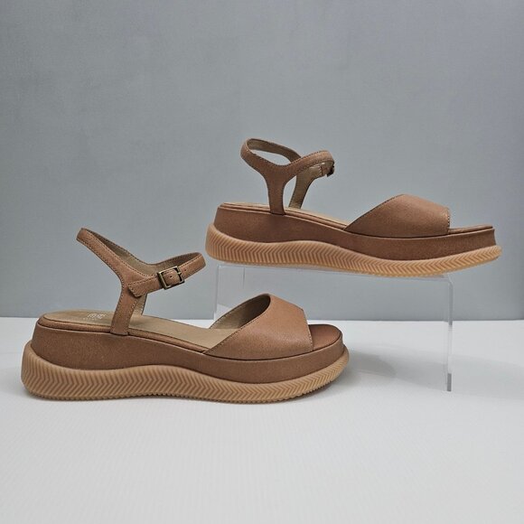 Eileen Fisher Airo Wedge Sandal Womens 9.5 Tan Leather Platform Ankle Strap NEW - Picture 3 of 14